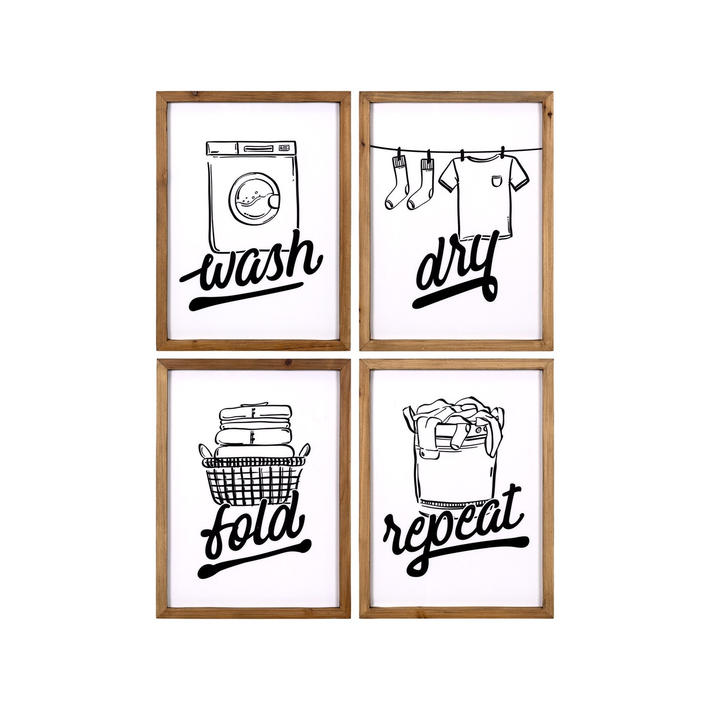 Contemporary Home Living Set of 4 White Wash Dry Fold and Repeat High Gloss Laundry Wall Art 15.75&#x22;
