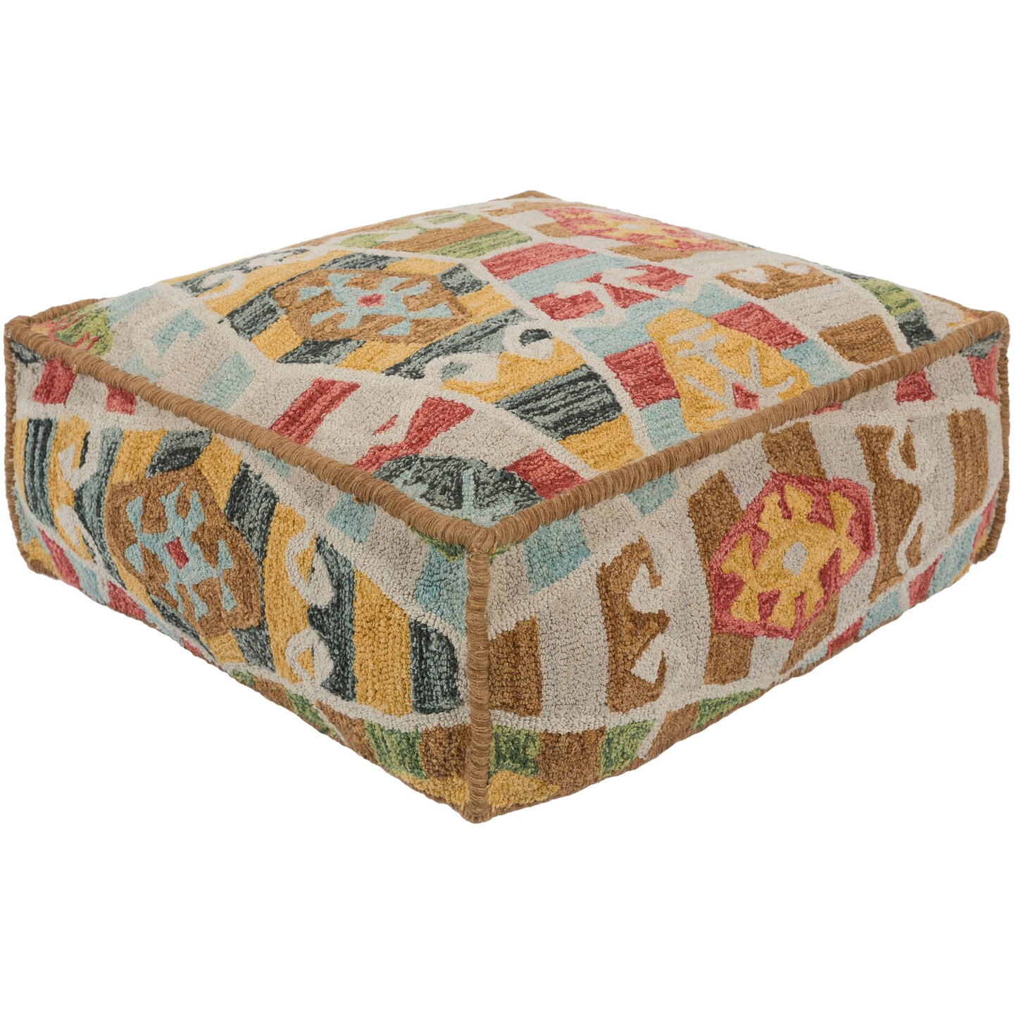 Tiwari Home 24" Ivory and Brown Geometric Pattern Hand Hooked Cotton Square Pouf Ottoman
