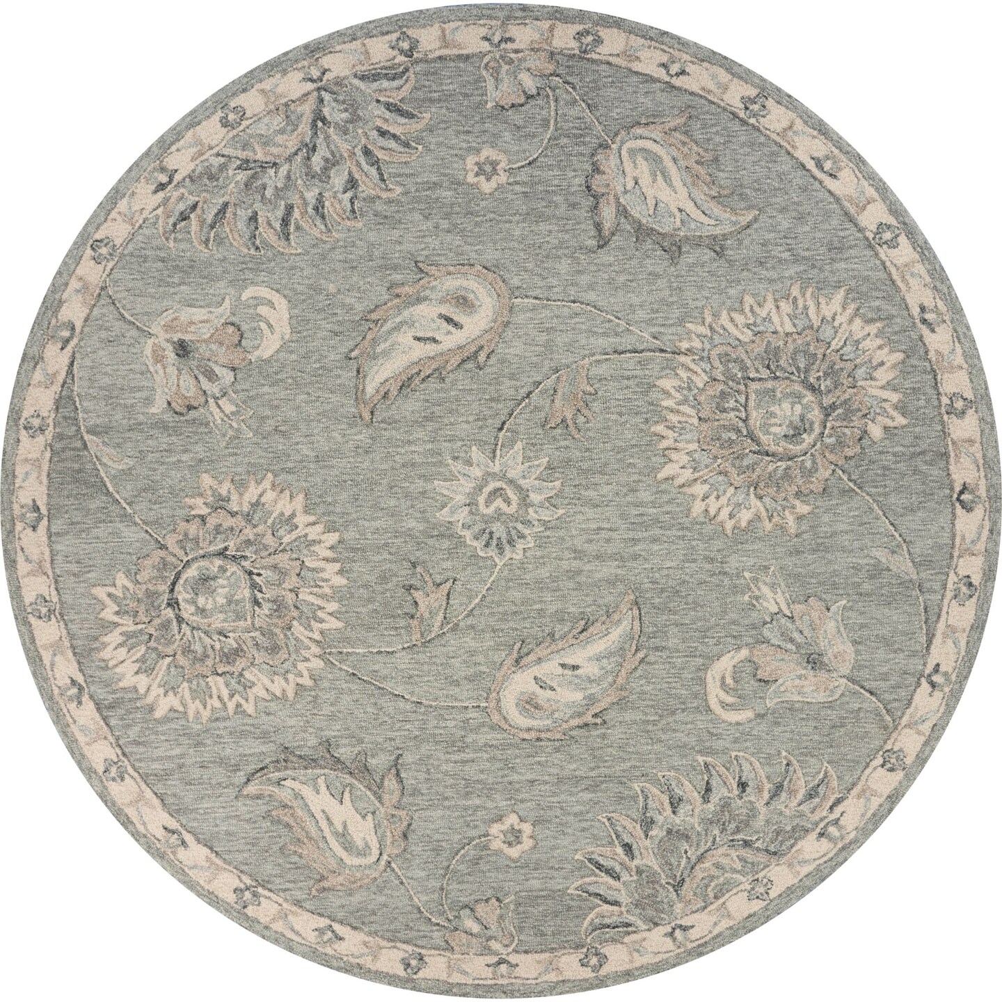 Laddha Home Designs 4.75&#x27; Gray and Blue Botanical Hand-Tufted Round Area Throw Rug