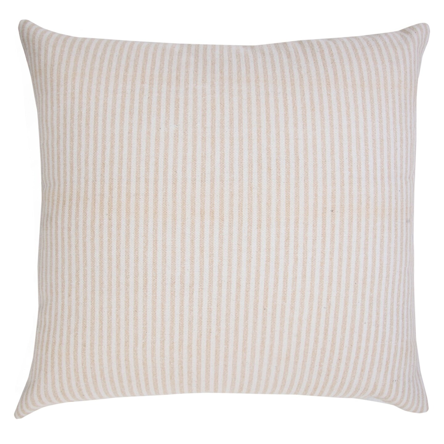 Laddha Home Designs 20&#x22; Beige and White Hand Woven Stonewash Striped Square Throw Pillow