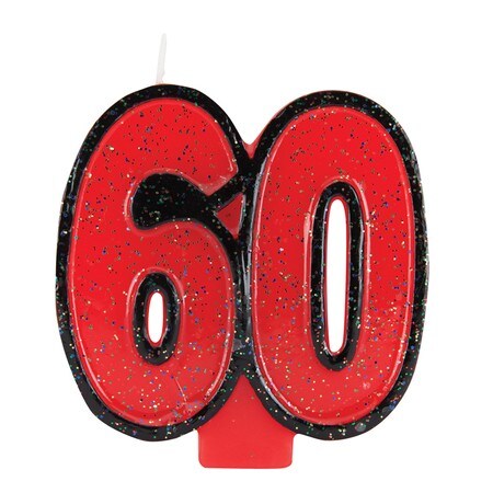 Party Central Pack of 6 Fire Engine Red and Black Bold Glitter Molded Numeral &#x22;60&#x22; Party Candles 3.5&#x22;
