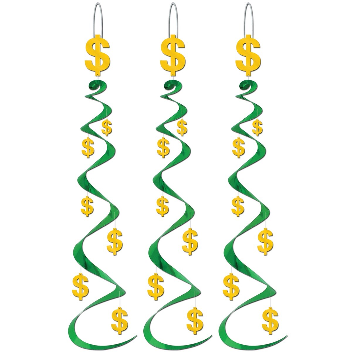 Party Central Club Pack of 18 Green and Yellow Dollar Sign Whirl Hanging Decorations 30"