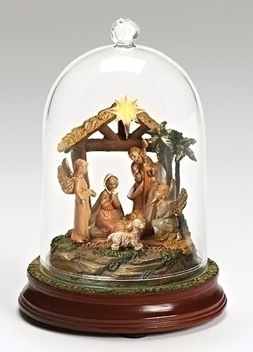 Roman 7.25" Brown and Yellow LED Lighted Musical Cloche Dome Nativity Scene Christmas Decor