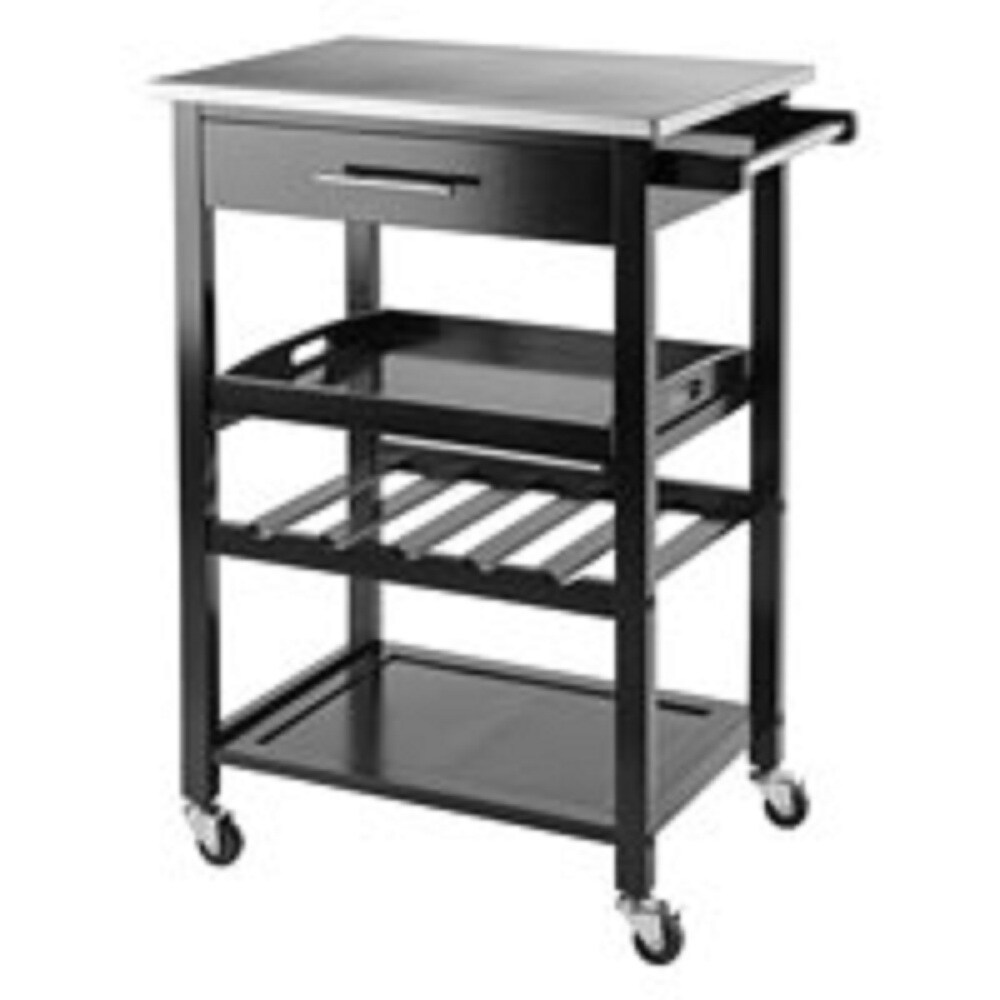 Contemporary Home Living 33.75&#x201D; Black and Silver Kitchen Cart with Stainless Steel Top