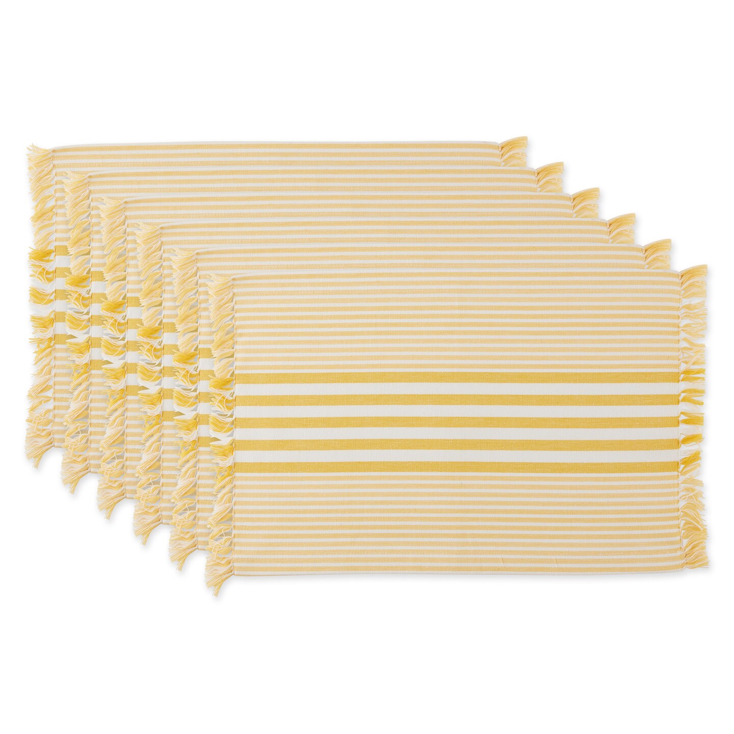 Contemporary Home Living Awning Striped Fringed Cotton Placemats - 19" - Sunshine Yellow and White - Set of 6