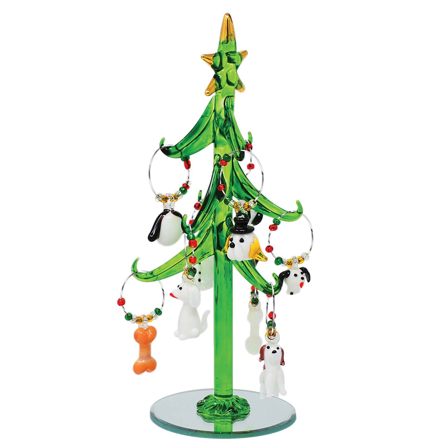 GC Home &#x26; Garden Hand Crafted Glass Christmas Tree with Dog Wine Bottle Charm Ornaments - 8&#x22;