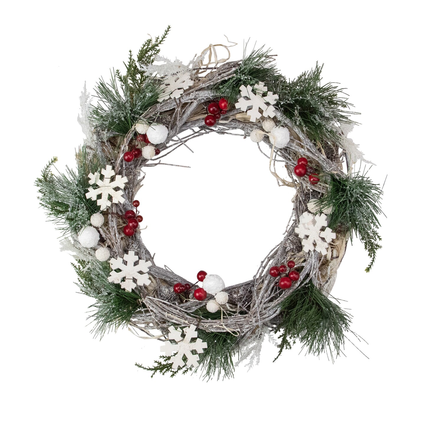 Northlight Snowflakes and Berries Winter Foliage Christmas Wreath - 13&#x22; - Unlit