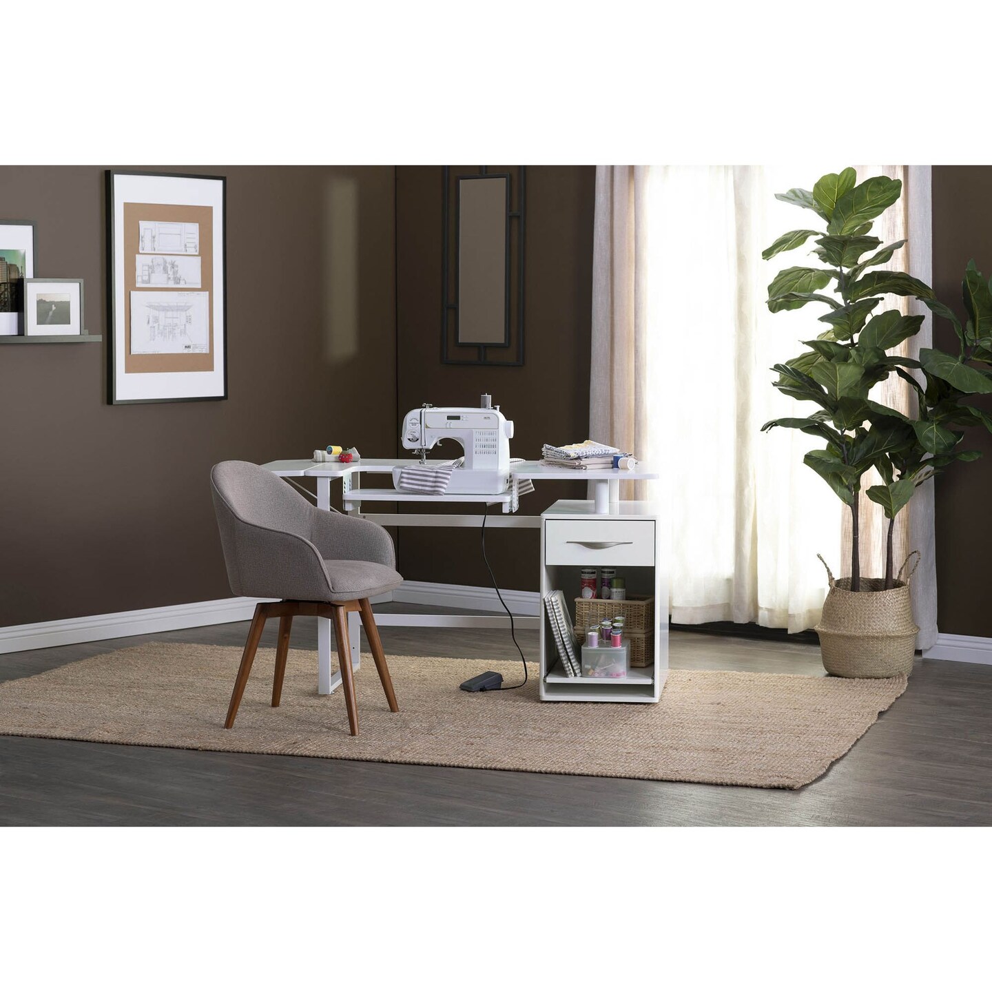 Pro Line Sewing Machine Table, Office Desk with Fold-Down Top, Height Adjustable Platform, Drawer and Storage Cabinet with Slide-Out Shelf - White