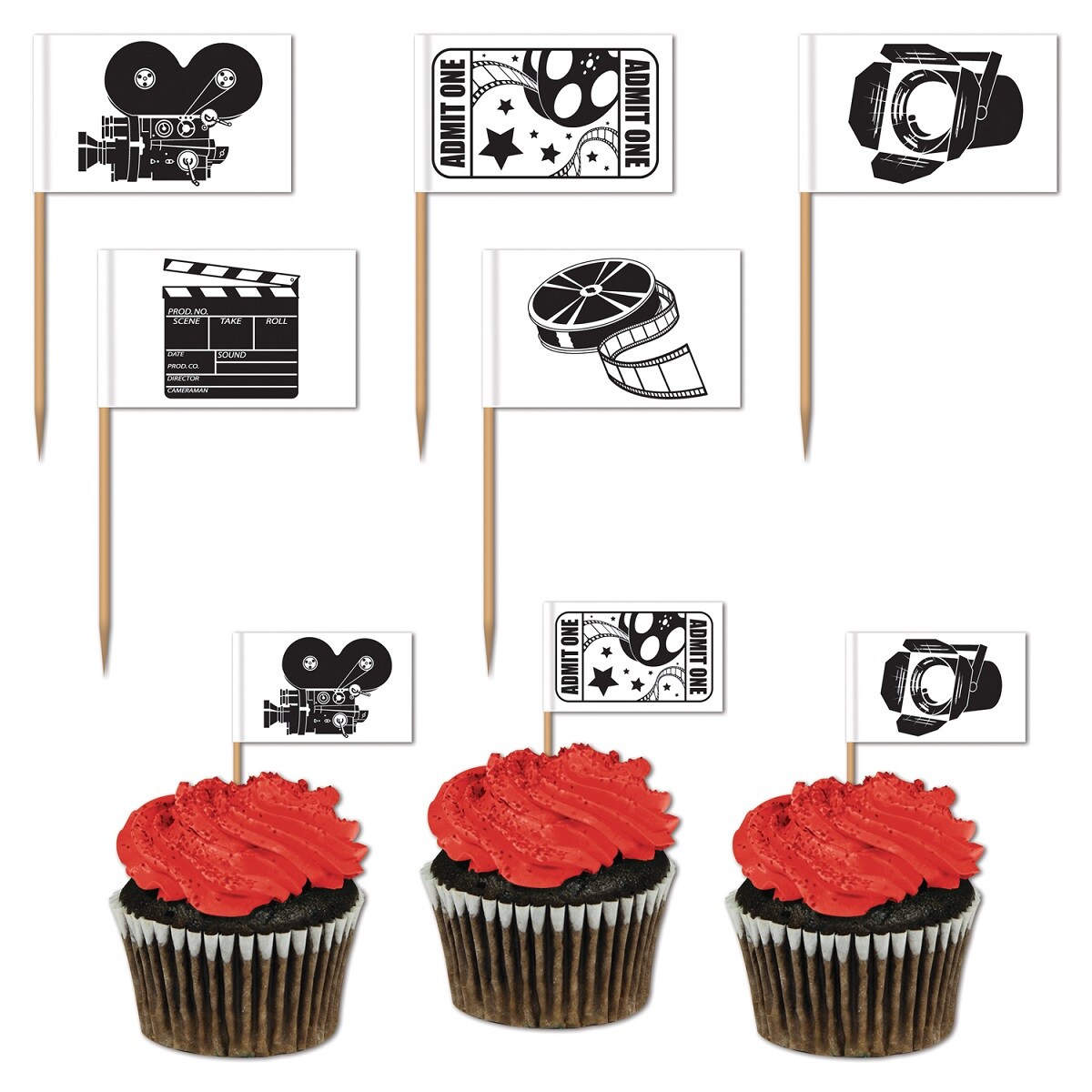 Party Central Club Pack of 12 Black Movie Set Food and Drink or Decoration Party Picks 2.5&#x22;