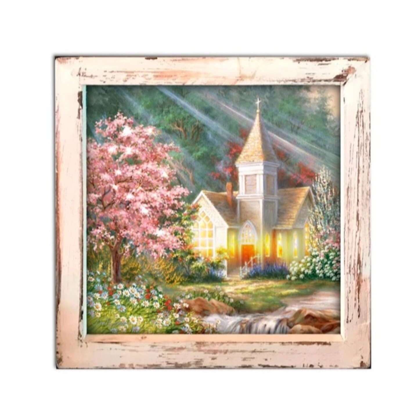 Glow Decor 8&#x22; Yellow and White LED Lighted Spring Chapel Square Shadow Box Decoration