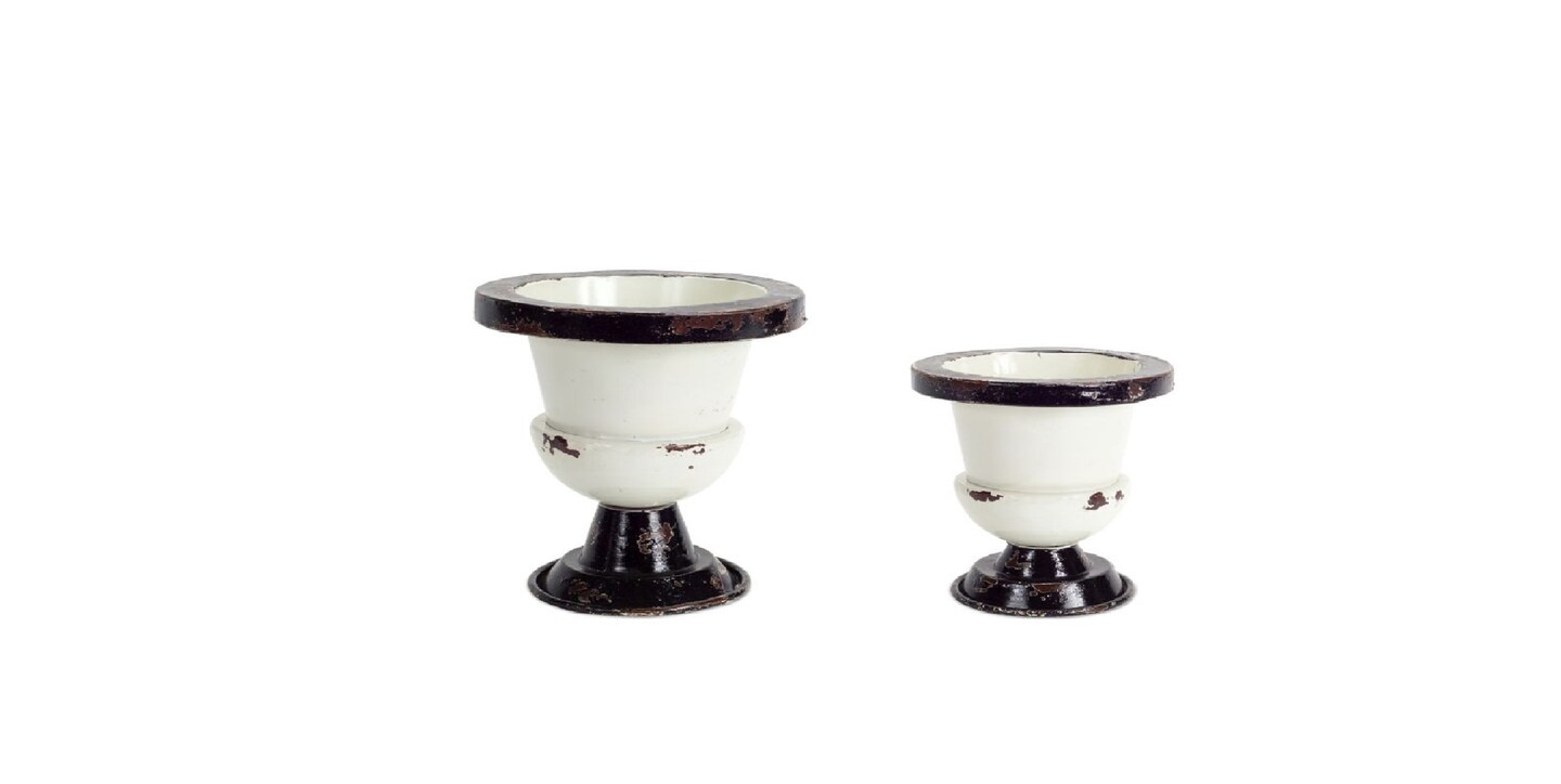 Melrose Set of 2 Decorative Antiqued Black and White Planter Pots with Wide Tops 9.5&#x22;