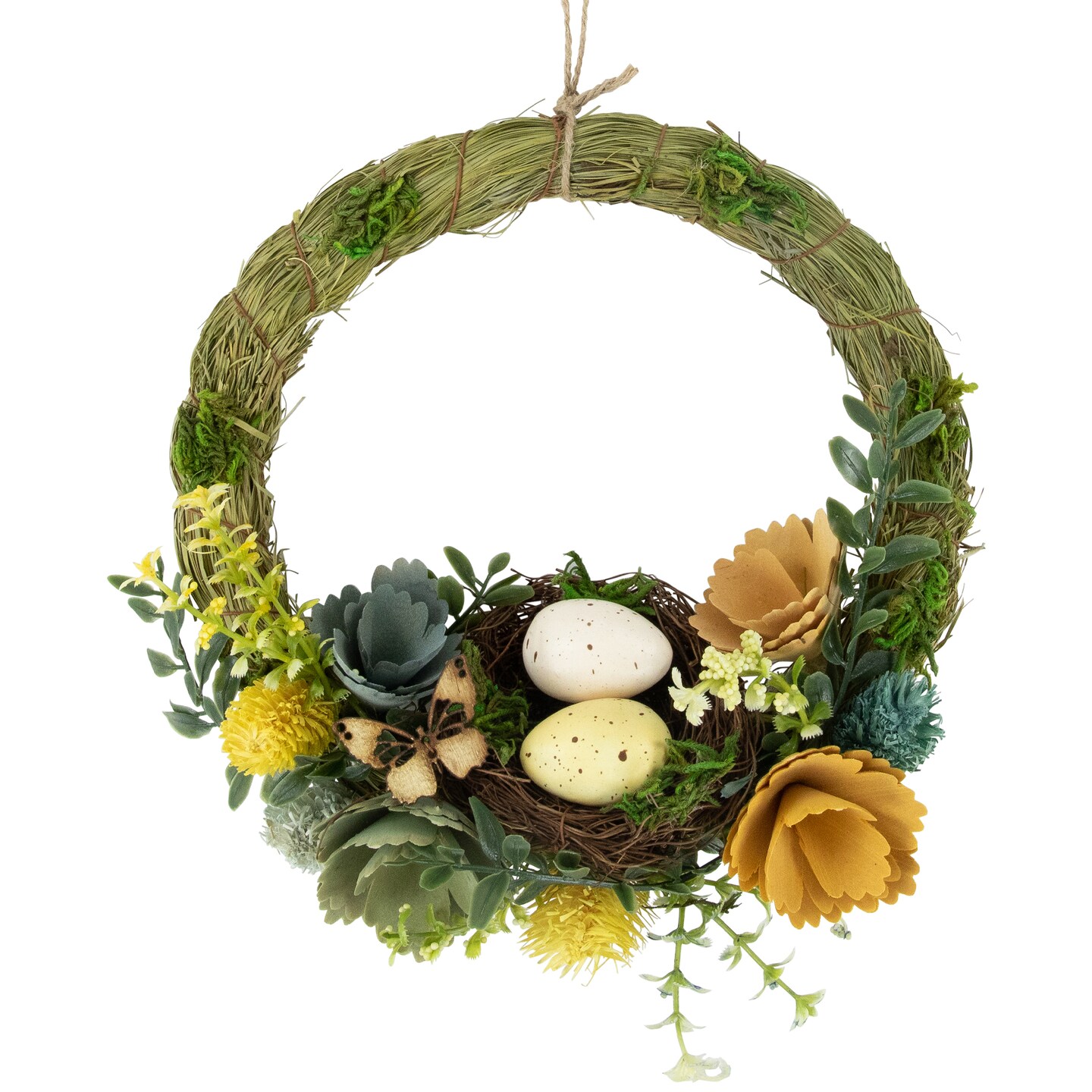 Northlight 12&#x22; Easter Egg and Bird Nest Wreath with Wooden Flowers