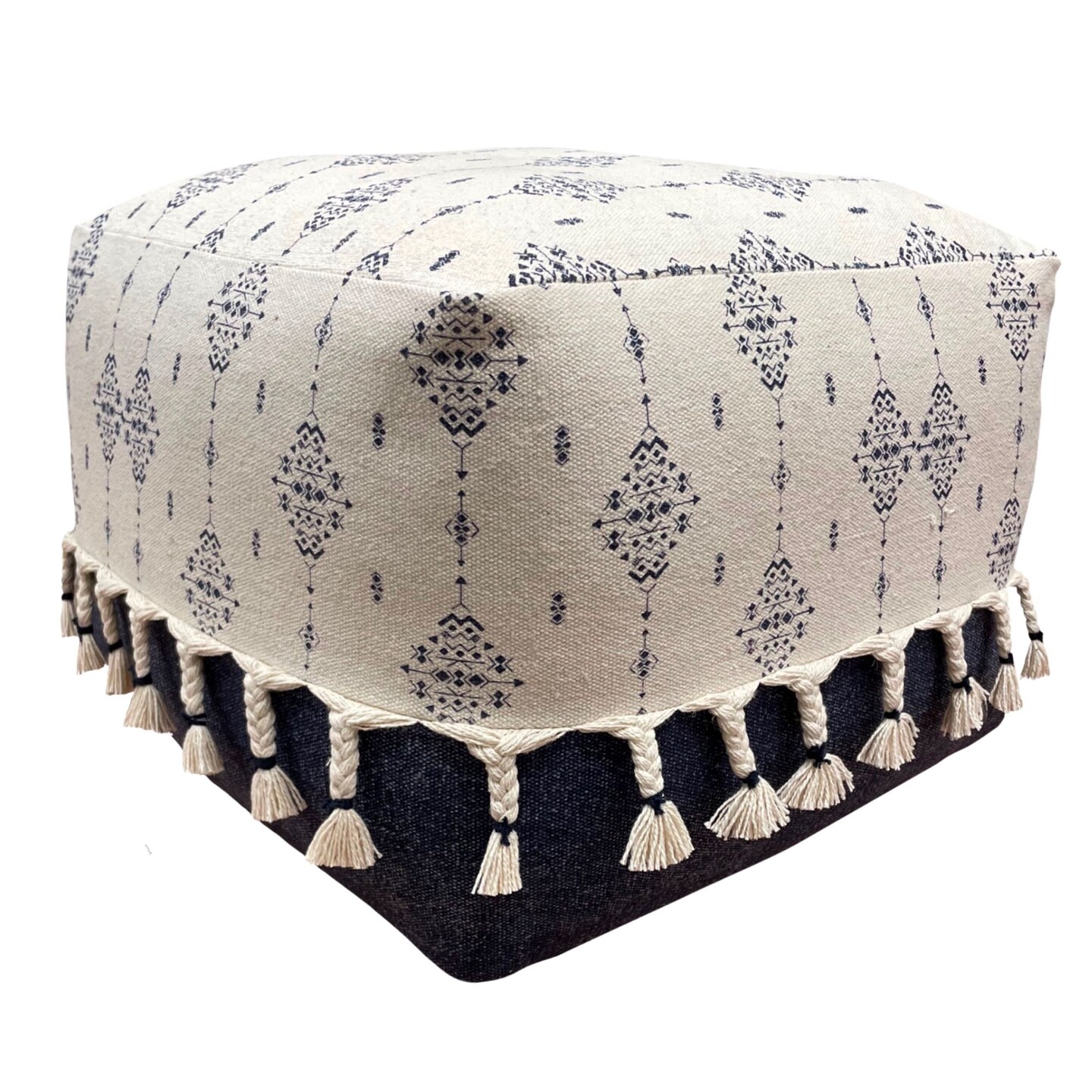 Laddha Home Designs 18&#x22; Navy and White Ornamental Motif Handcrafted Square Pouf Ottoman