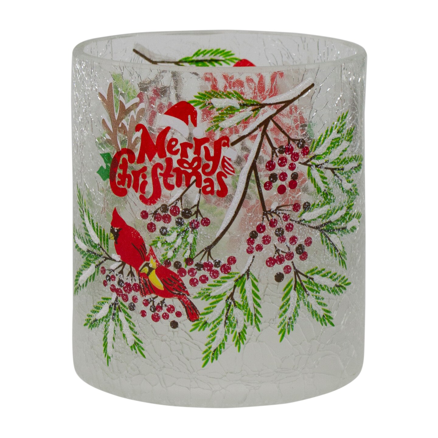 Northlight 8" Hand Painted Christmas Cardinal and Pine Flameless Glass Christmas Candle Holder
