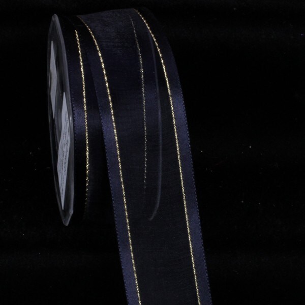 The Ribbon People Navy Blue and Gold Edged Craft Ribbon Trim with Gold Setting 1.5" x 30 Yards