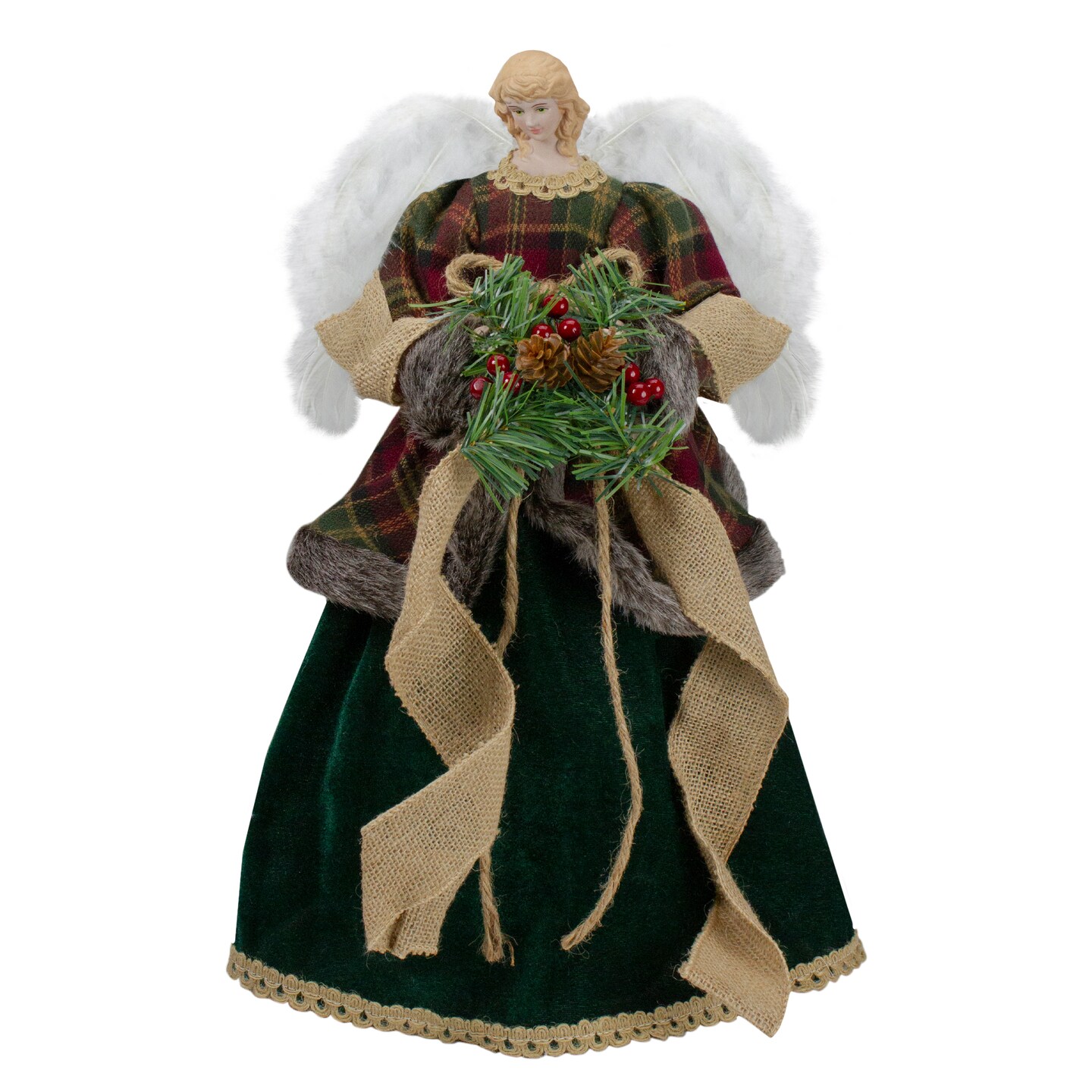 Northlight 18&#x22; Red and Green Angel in a Dress Christmas Tree Topper Accented with Holly Berries - Unlit
