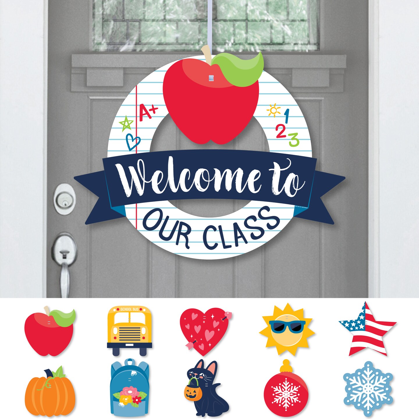 Big Dot of Happiness Welcome to Our Class - Front Door First Day of School Classroom Seasonal Decor - Interchangeable Wreath