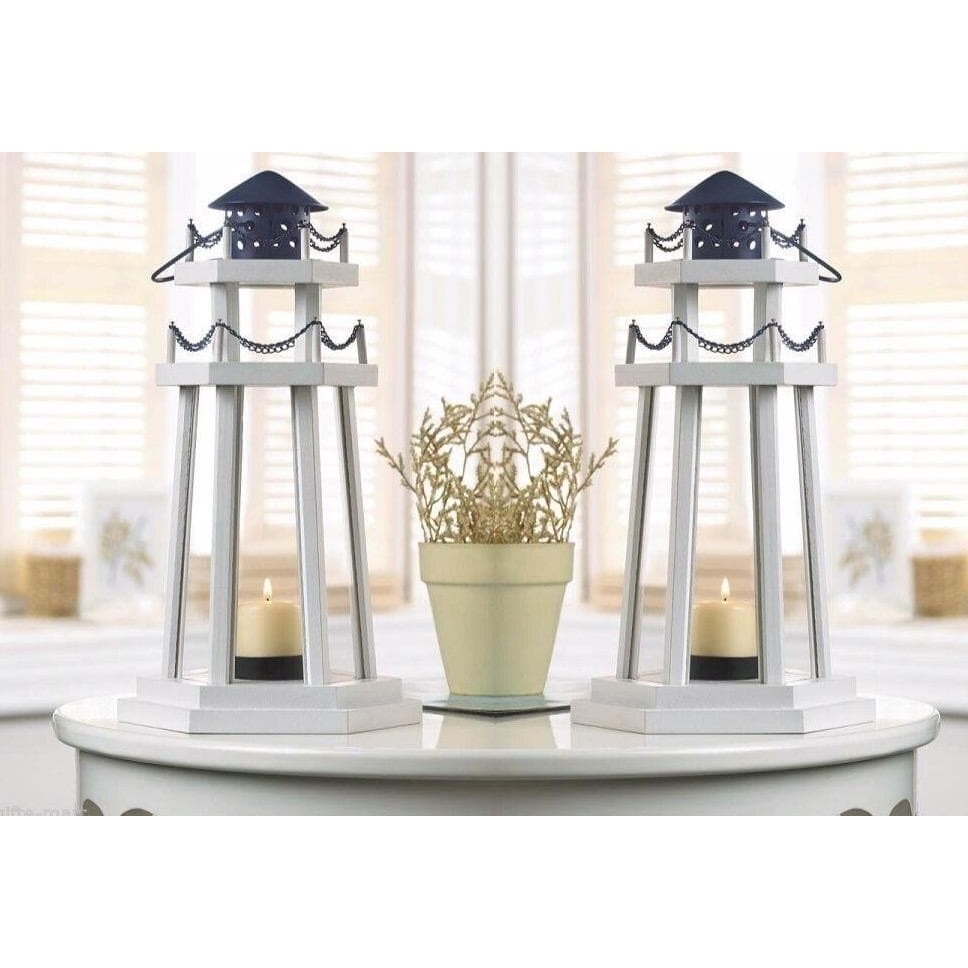 Home Locomotion Set of 2 Wooden Coastal Beach Lanterns