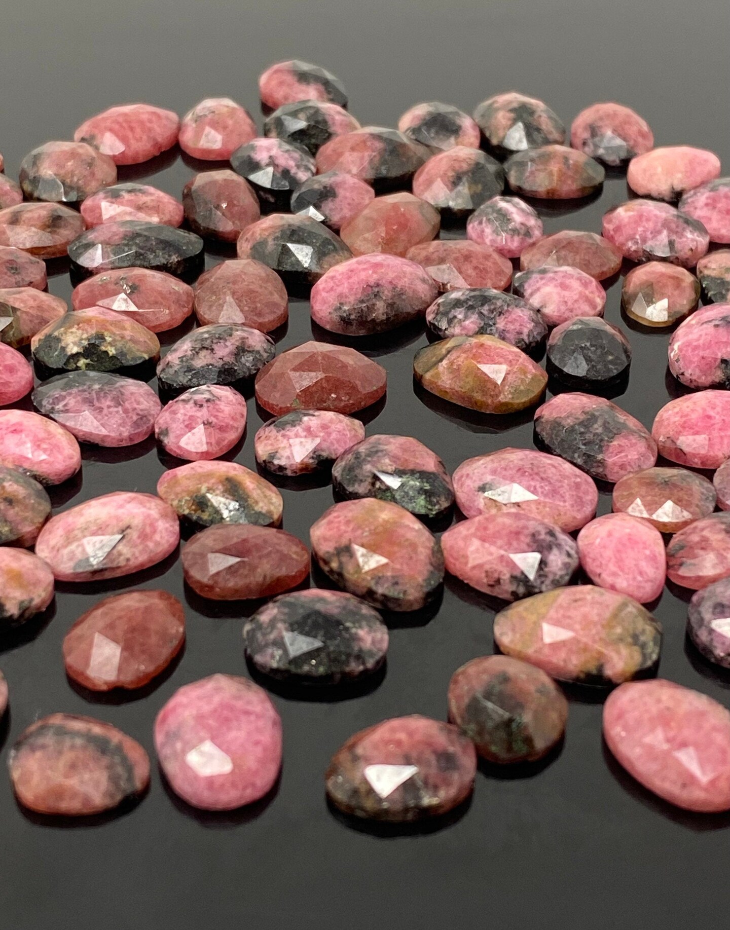 Natural Rhodonite Rose Cut Cabochons Gemstones, Aqua - 10x7mm- 14x11mm - 10 Pieces