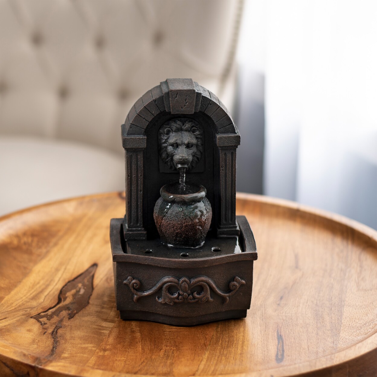 Lion Head Tabletop Water Fountain 8.5 Inch Indoor Waterfall Dark Gray Rust Durable