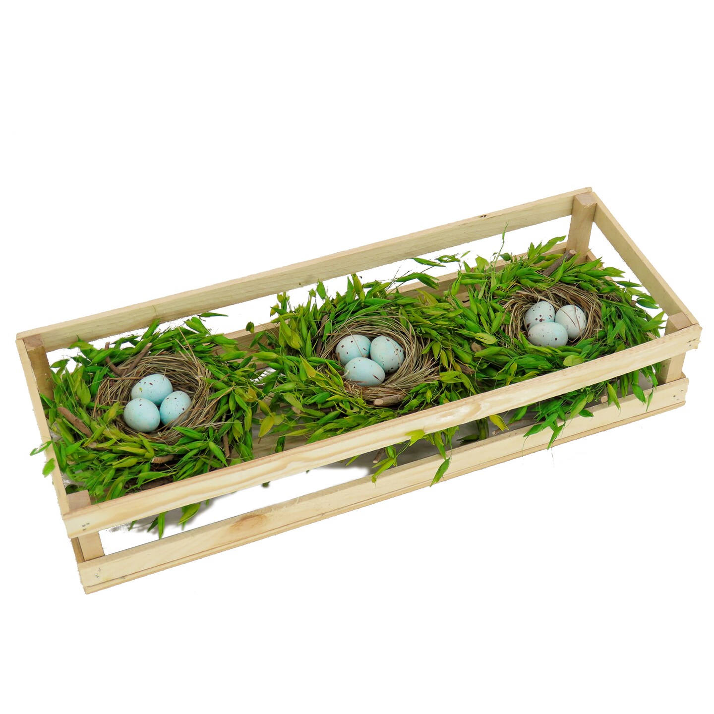 National Tree Company Artificial Triple Nest Table Decoration, Wooden Centerpiece, Includes 3 Bird&#x27;s Nests with Pastel Eggs, Easter Collection, 17 Inches