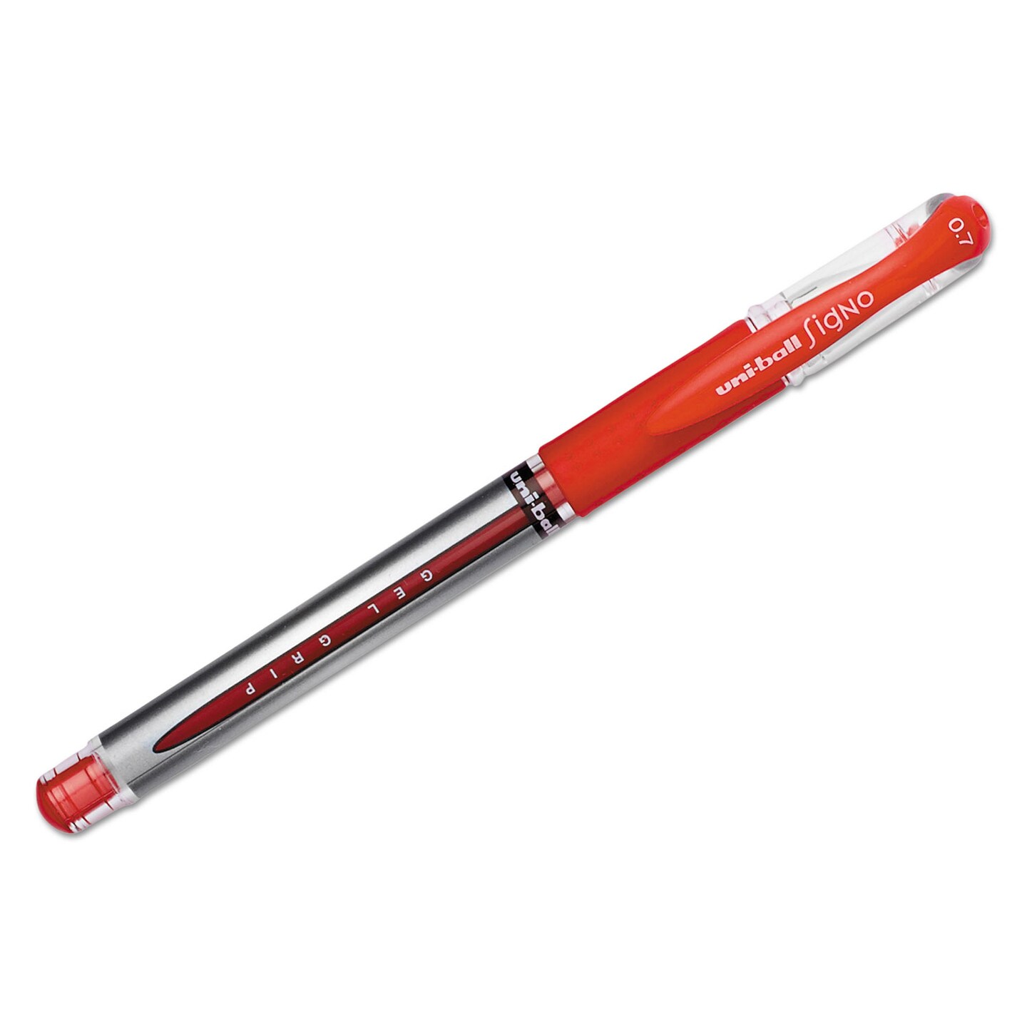 Uni-Ball Signo GRIP Stick Gel Pen, Medium 0.7mm, Red Ink, Silver/Red Barrel, Dozen
