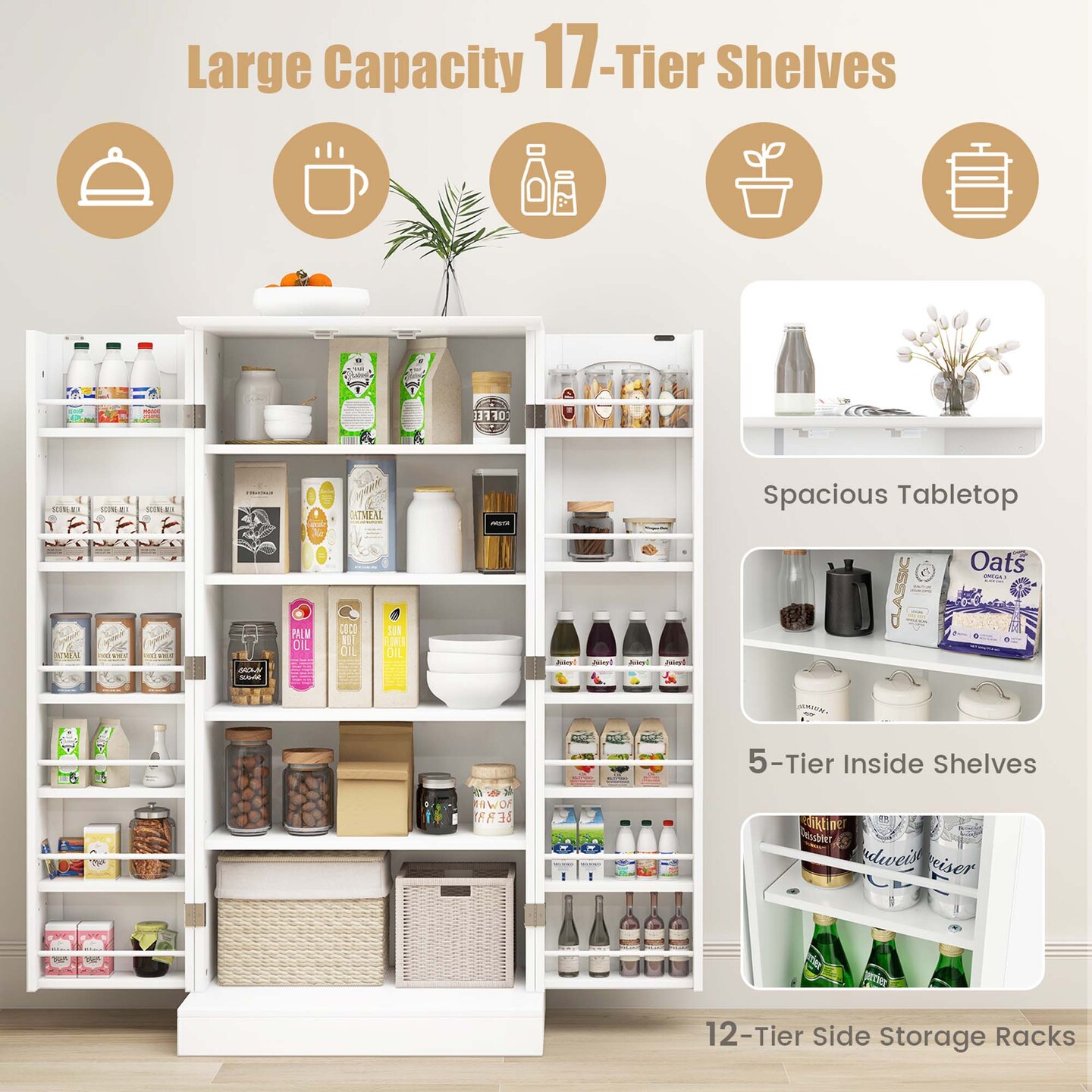 Costway 47.5" kitchen Pantry Cabinet with Doors Adjustable Shelves Anti-toppling Devices