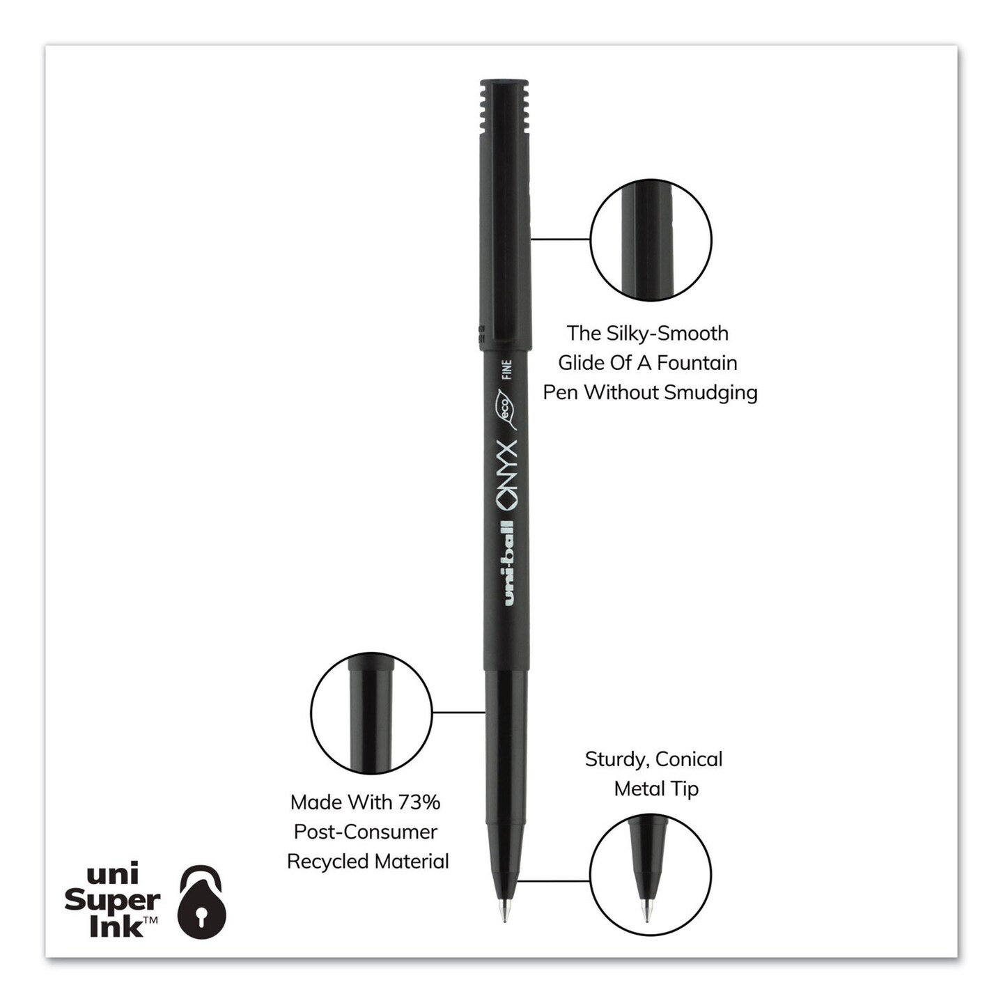Uni-Ball ONYX Stick Roller Ball Pen, Fine 0.7 mm, Black Ink, Black Matte Barrel, 72/Pack