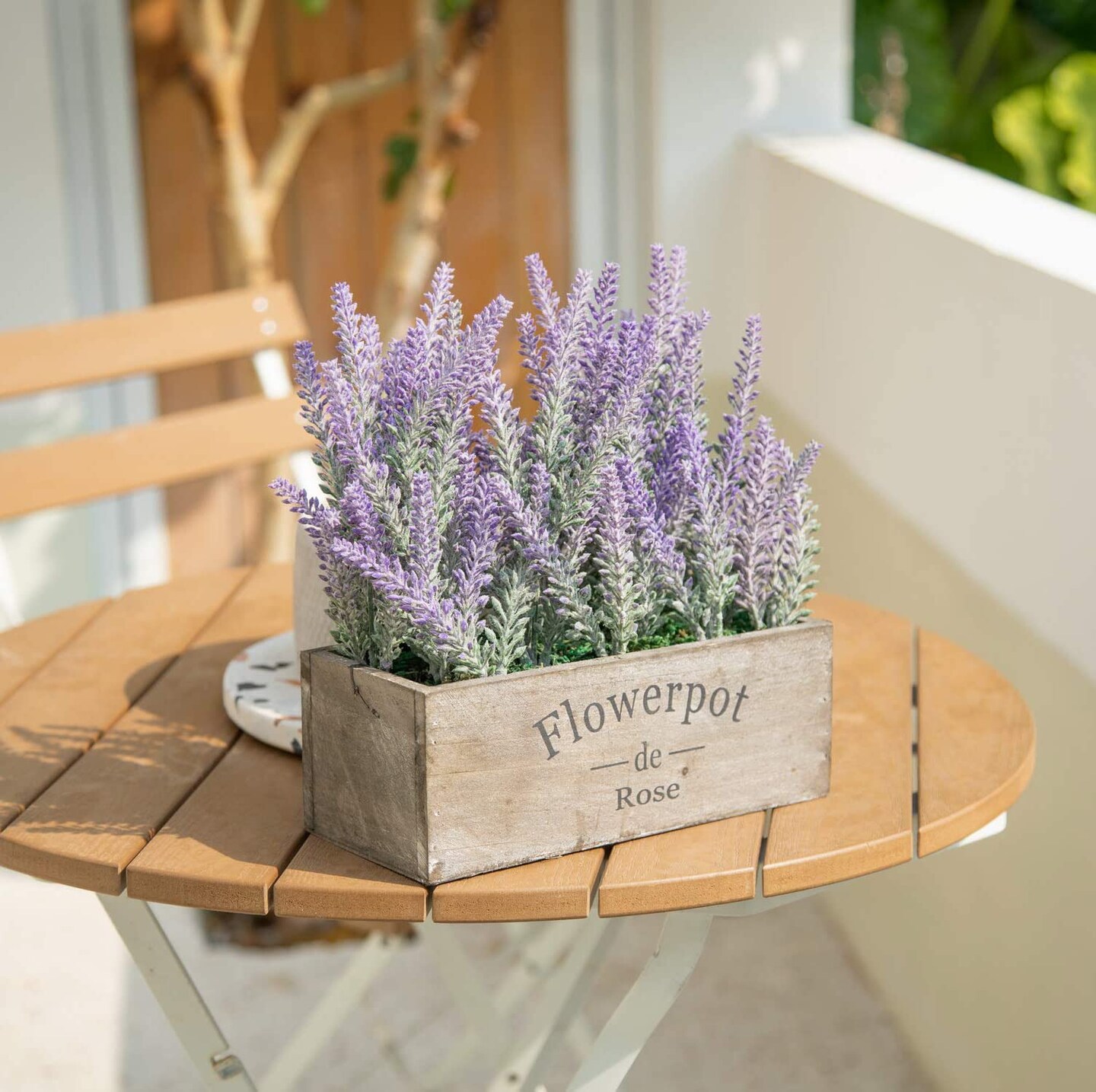 Purple Artificial Lavender Flowers with Decorative Tray Wooden Box 9 Inches - Lifelike Faux Lavender Plants for Home and Office Decor, Fake Lavender Rustic Farmhouse Style