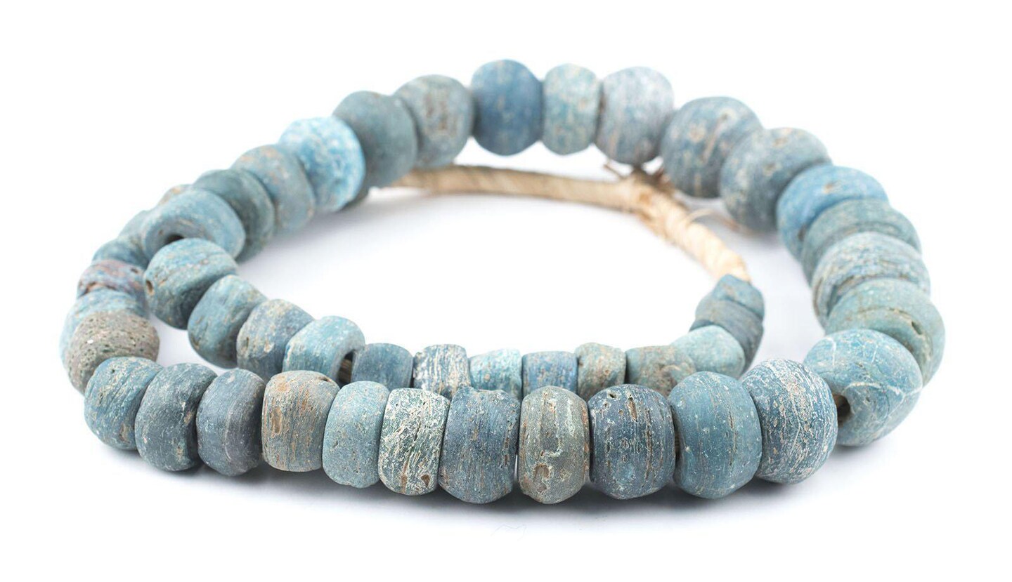 TheBeadChest Antique Turquoise Hebron Kano Beads Natural 19mm West Africa African Blue Cylinder Glass Large Hole 27 Inch Strand Handmade