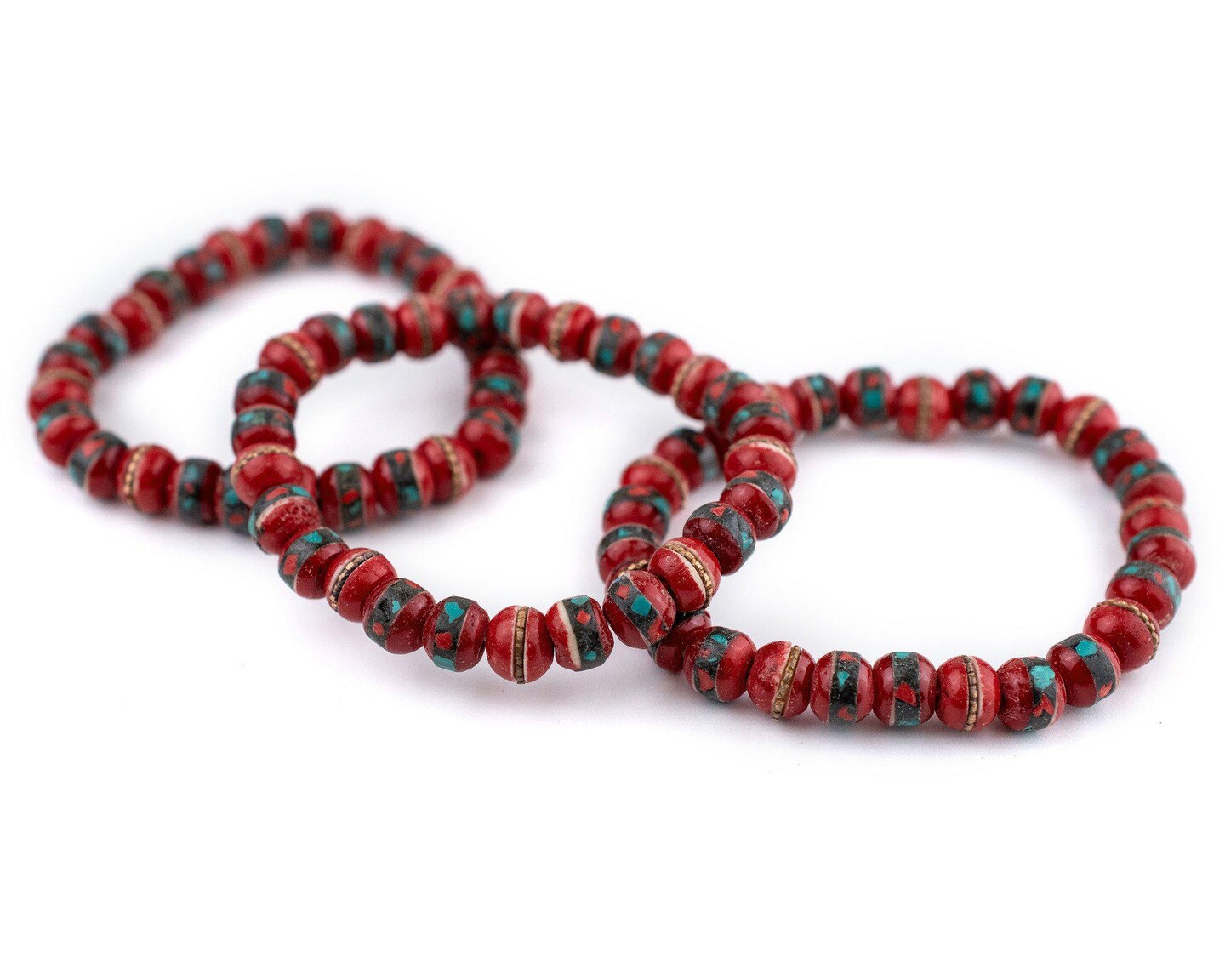 TheBeadChest Mala Stretch Bracelet, Red - Stackable Nepal Bone Inlaid with Turquoise &#x26; Coral Colors, 100% Authentic and Genuine