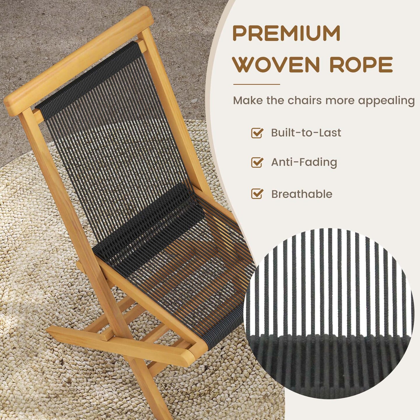 Costway 2/4 PCS Patio Folding Chairs with Woven Rope Seat & Back Indonesia Teak Wood for Porch Natural&Black