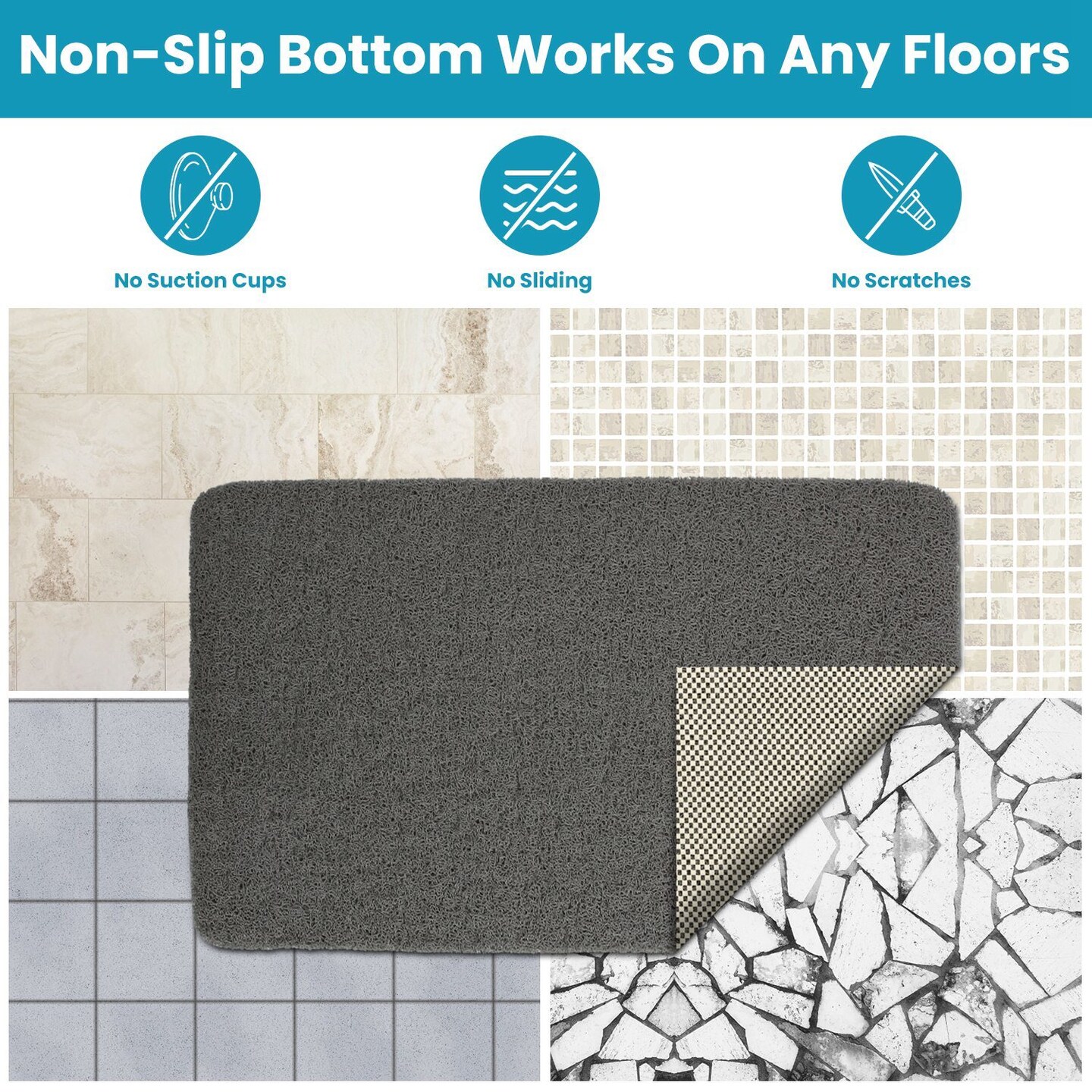 28.34x16.73in Shower Mat Non-Slip Bath Mat with Drain Quick Drying PVC Loofah Shower Mat For Bathroom Grey