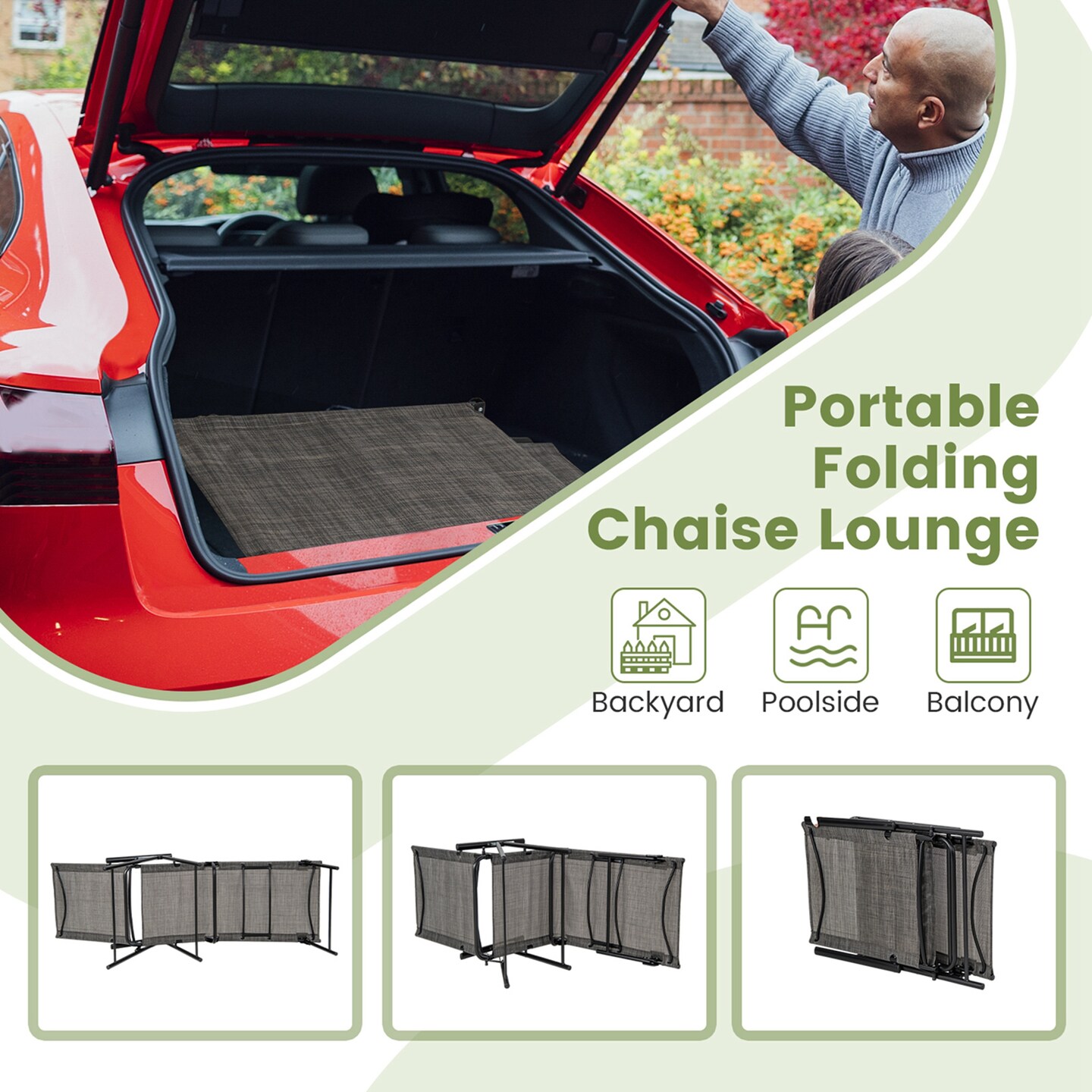 Costway 2 Piece Patio Folding Chaise Lounge Chairs with 6-Level Backrest Reclining Chairs Tan/Black/Grey