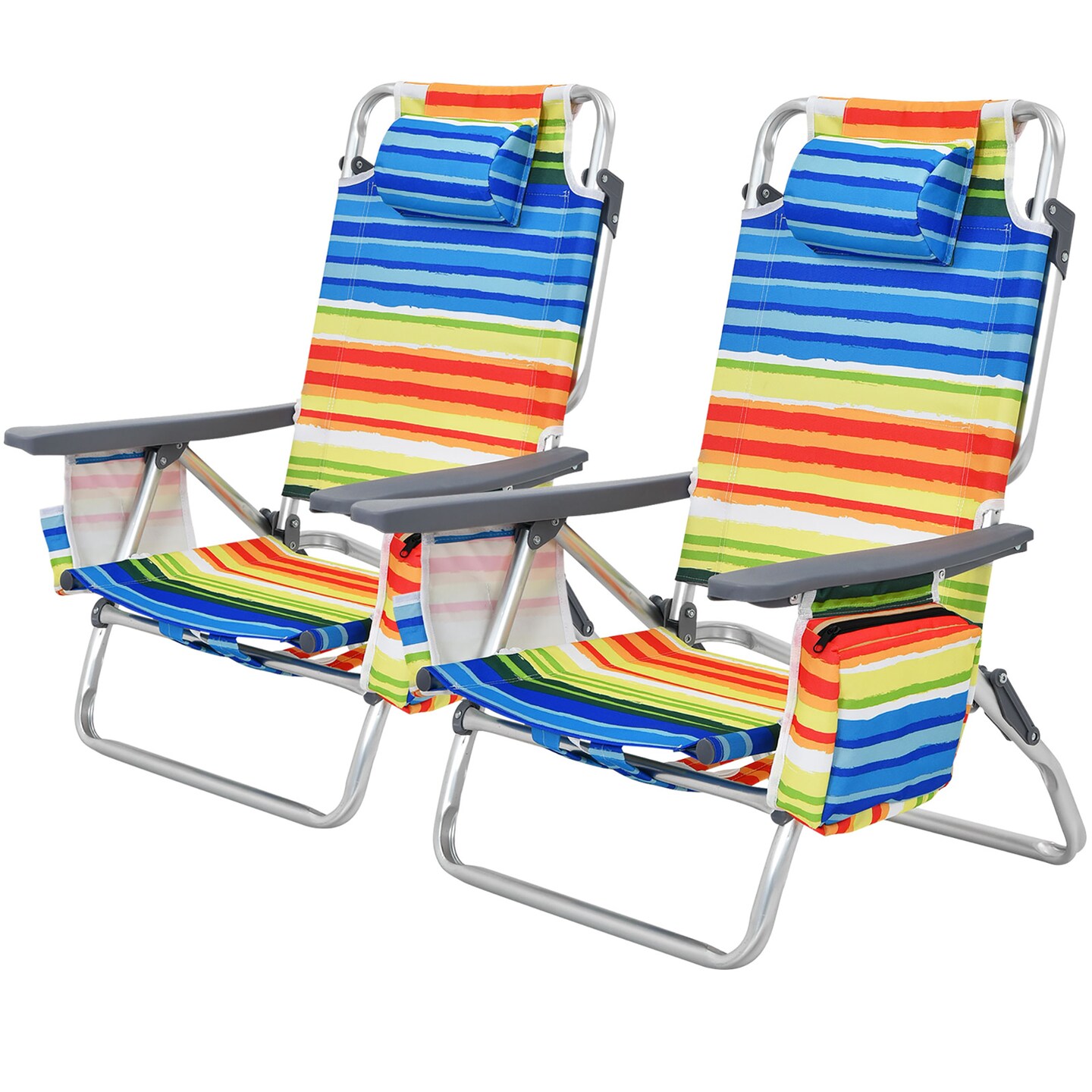 2-Pack Folding Backpack Beach Chair 5-Position Outdoor Reclining Chairs with Pillow Blue/Pattern/Pink/Yellow
