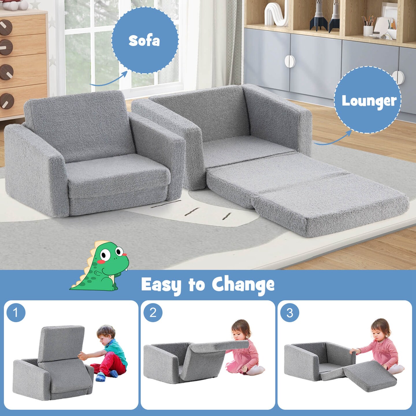 Honeyjoy 2-in-1 Toddler Fold out Couch Children&#x2019;s Convertible Sofa to Lounger Grey