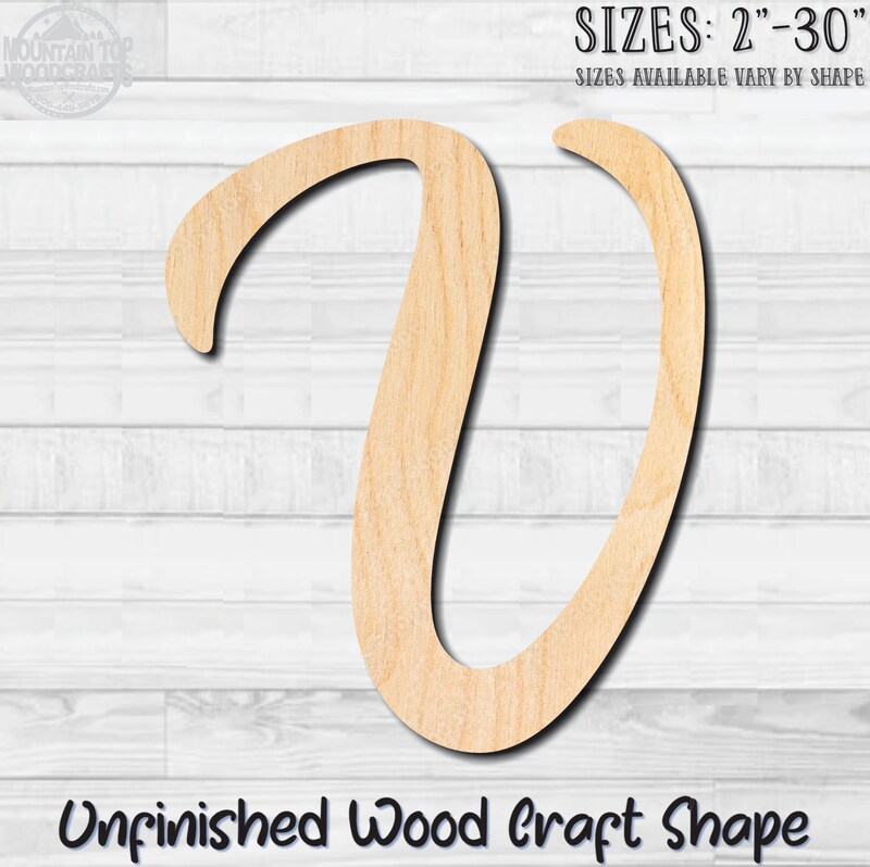 Script Letter V Fancy Unfinished Wood Shape Blank Laser Engraved Cutout ...