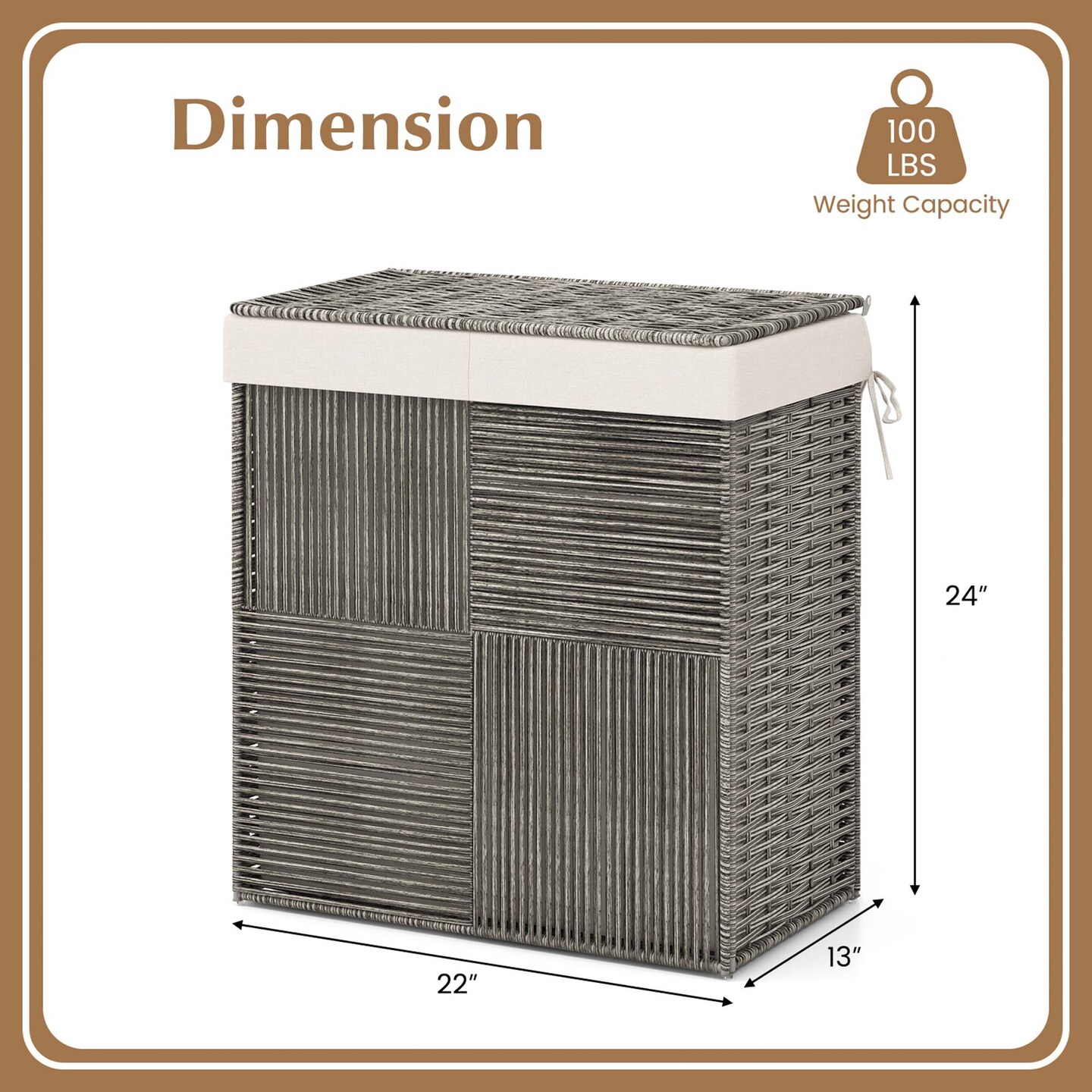 Costway Hand-woven Rattan Laundry Hamper with Lid Removable Liner Bag 29-Gallon 2-Section
