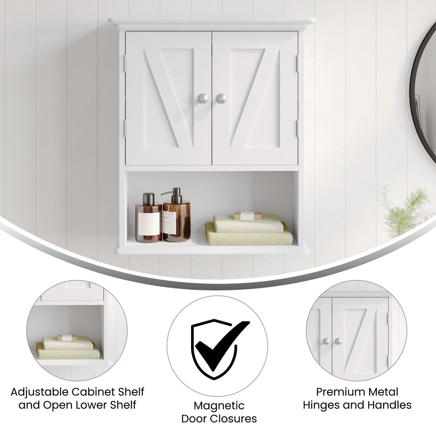 Merrick Lane Delilah Wall Mounted Bathroom Medicine Cabinet with Adjustable Cabinet Shelf, Lower Open Shelf, and Magnetic Closure Doors