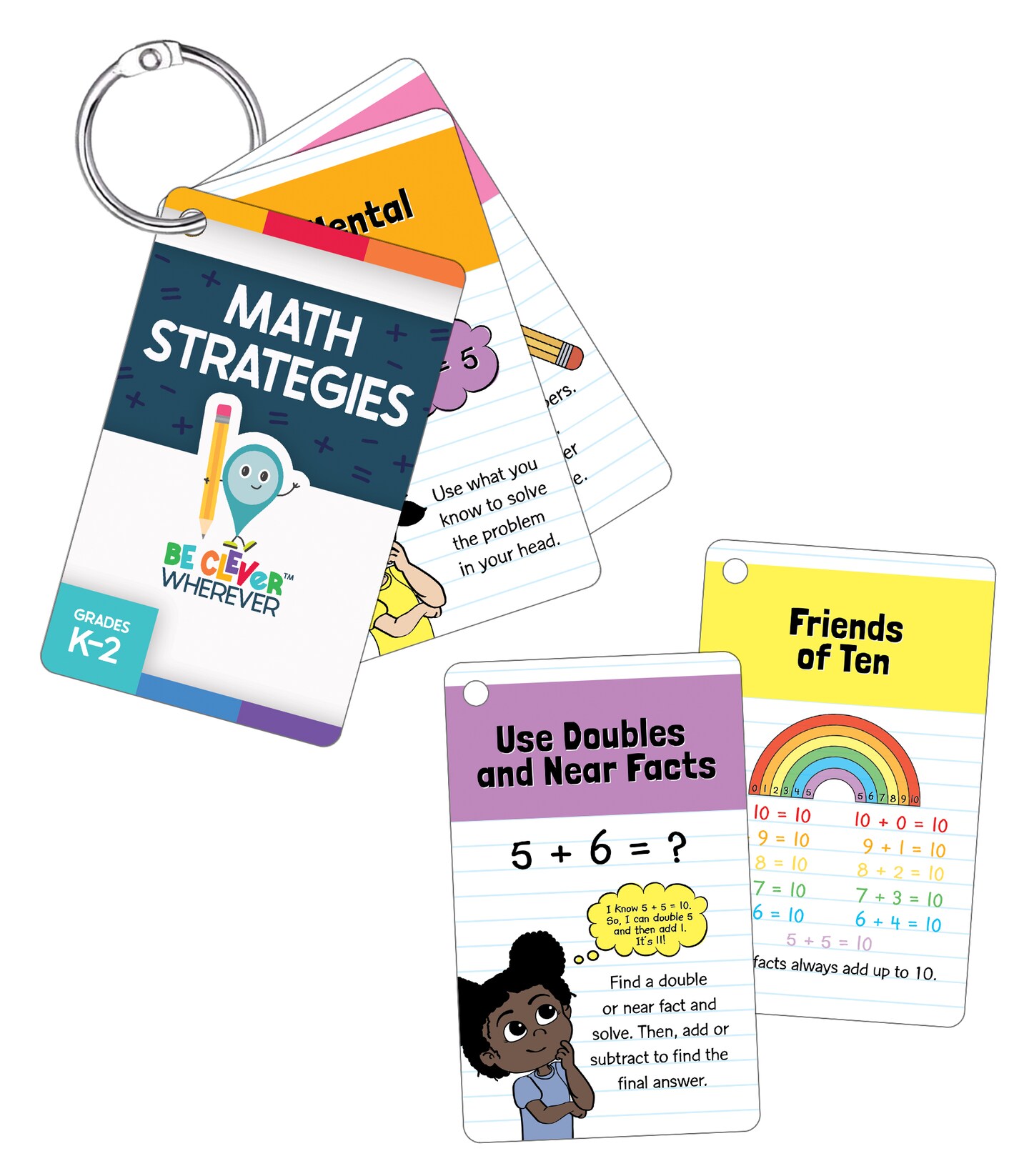 Carson Dellosa Be Clever Wherever Things on Rings Math Strategies, K-Grade 2, Book Ring and Mental Math, Counting On and Back, Fact Families, and Number Sentences Math Flash Cards (16 pc)