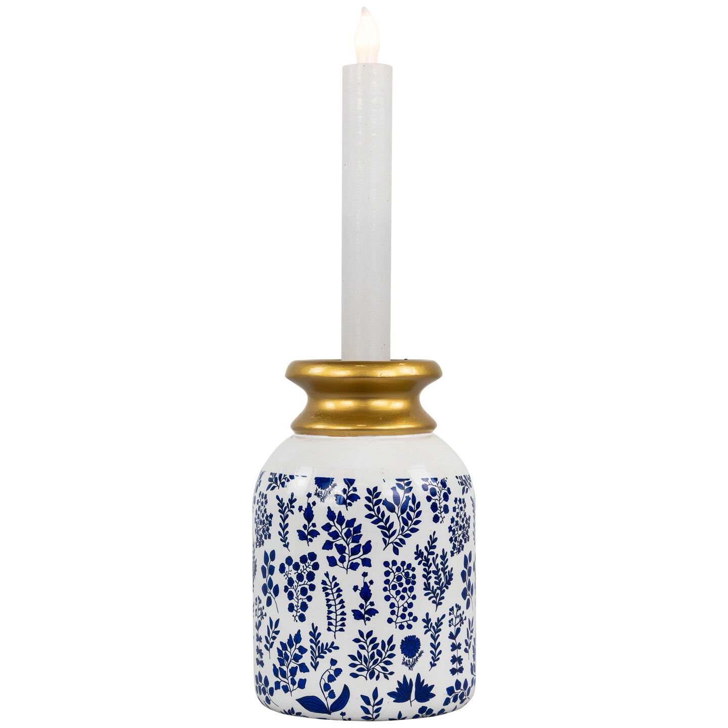 Northlight Wooden Floral Taper Candle Holder - 6"- White and Blue