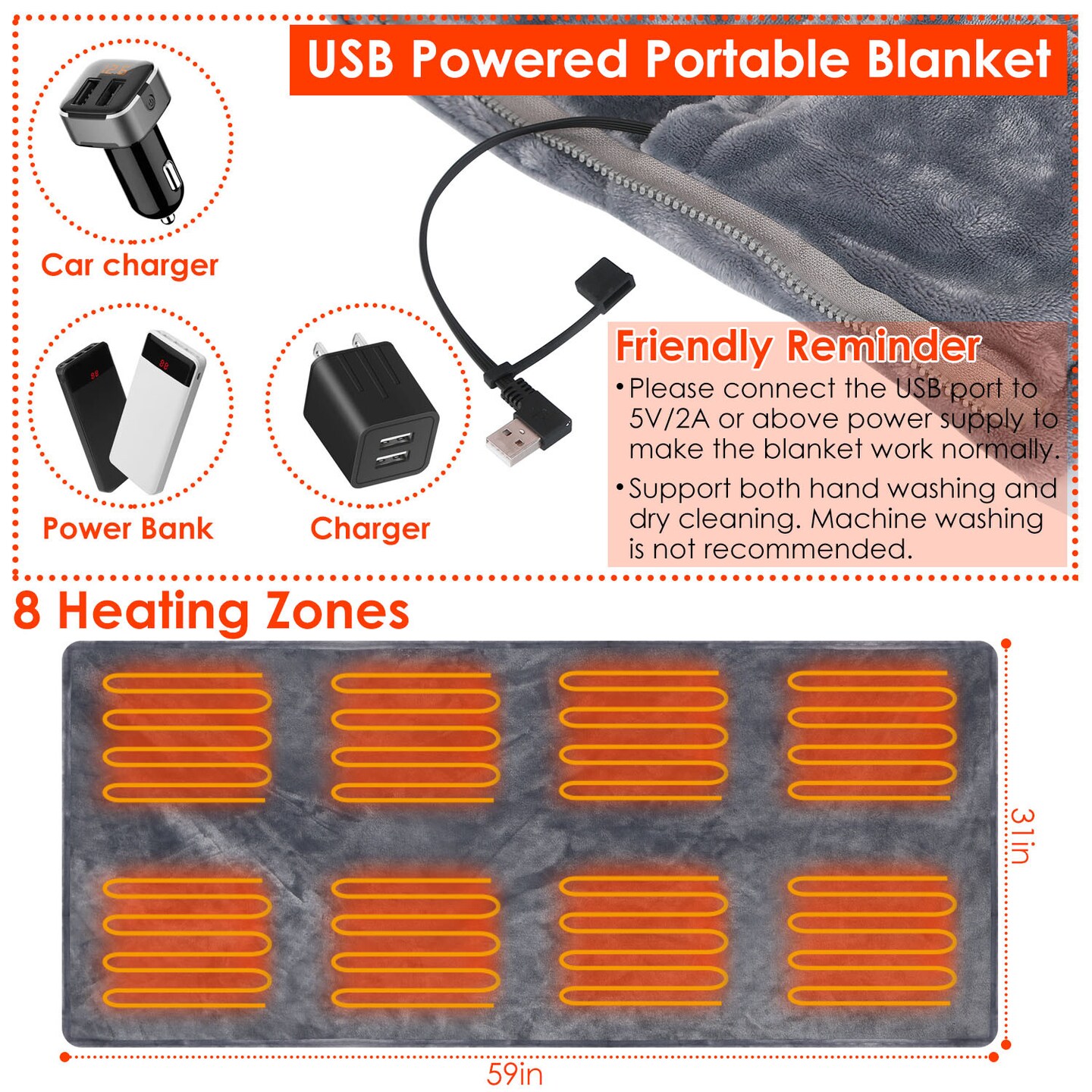 31in USB Heated Blanket Electric Heated Blanket Heated Poncho Shawl Wrap Throw with Zipper and Washable