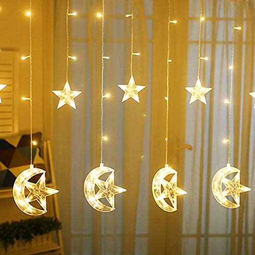 Twinkle Star 138 LED Star Moon Curtain String Lights, 8 Modes Decorations for Ramadan, Christmas, Wedding, Party, Home, Patio Lawn, Warm White (USB Powered)
