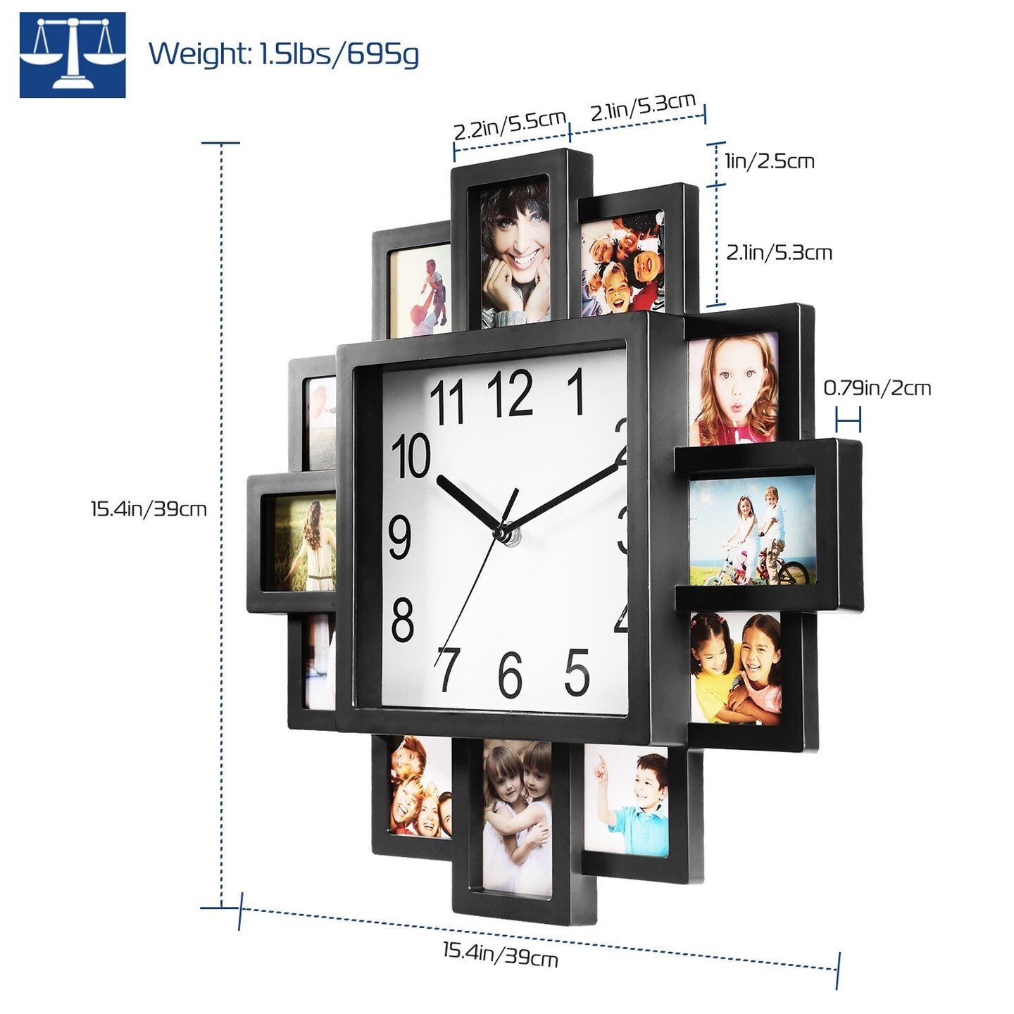 Wall Clock with 12-Picture Photo Collage Display
