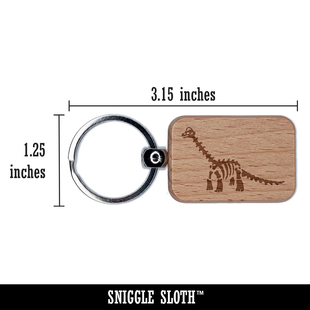 Brachiosaurus Dinosaur Skeleton Fossil Engraved Wood Rectangle Keychain Tag Charm