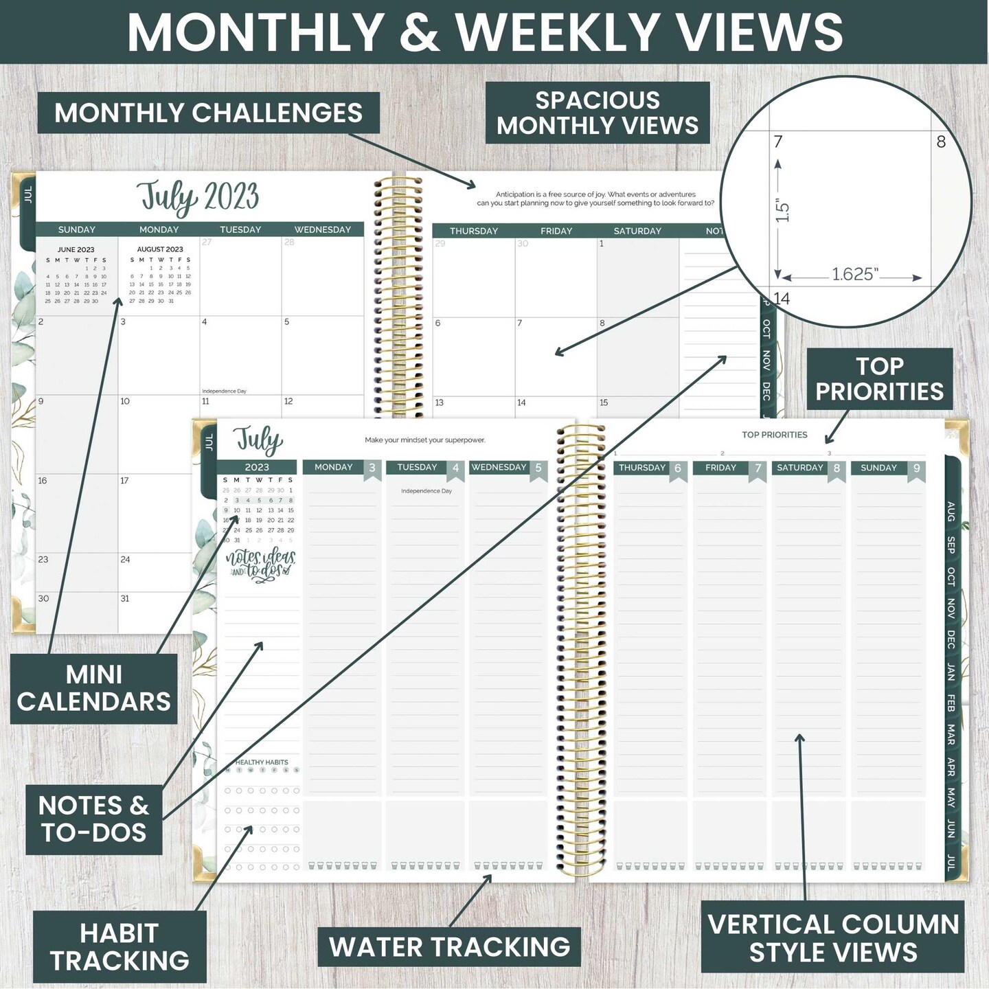 bloom daily planners 2023-24 Hard Cover Vision Planner®, 7.5" x 9", Eucalyptus