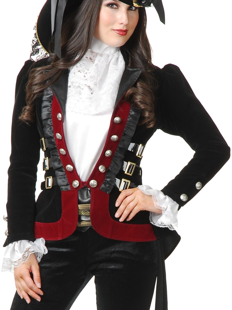 Womens Sultry Pirate Lady Black And Wine Velvet Captain Costume Jacket Coat