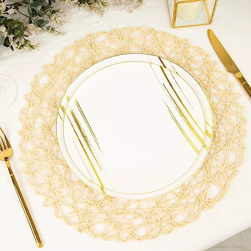 6 Beige 15&#x22; wide Round Metallic String Placemats