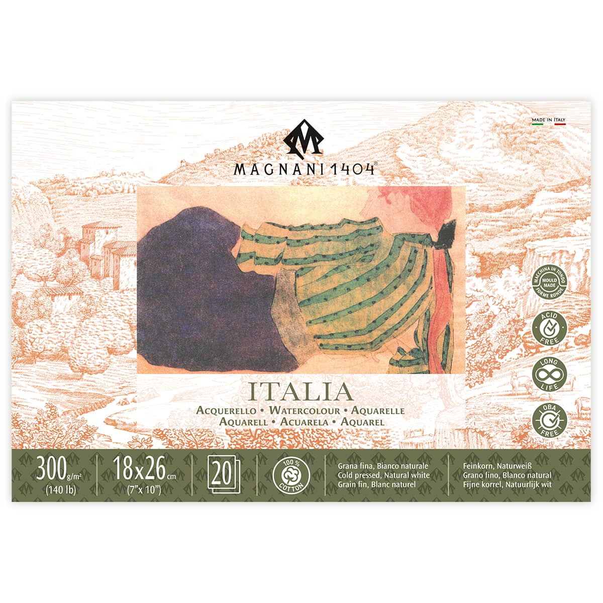 Magnani 1404 Italia Cold Press 100% Cotton Watercolor Paper Block, 20 Sheets, 140 lb, Acid-Free, UV Resistant, Vegan Sized Water Color Paper for Artists, Made in Italy