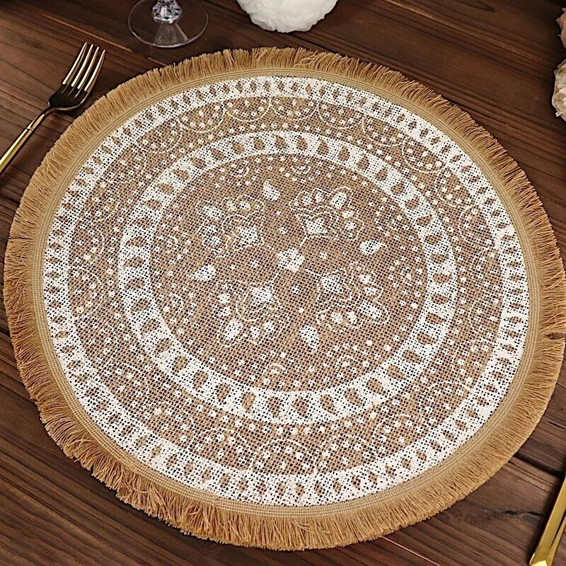 NATURAL WHITE 4 Round 15&#x22; Woven Burlap PLACEMATS Print Fringe Rim